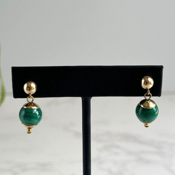 Gold Plated Green Glass Dangle Earrings 1" - Picture 5 of 5